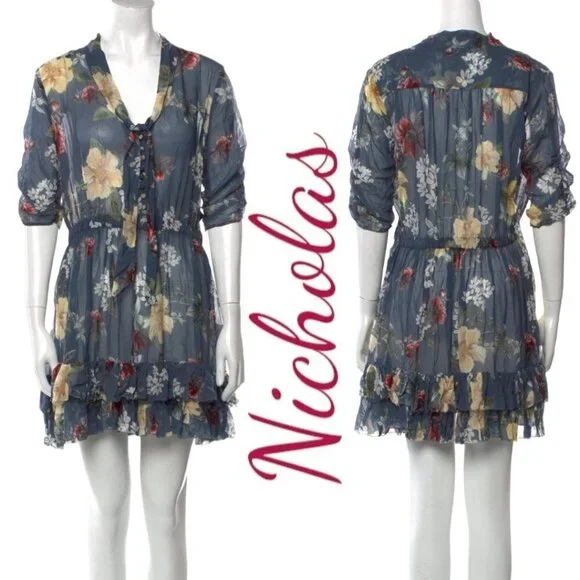 NWT NICHOLAS 100% Silk Floral Ruffled Mini Dress,‎ Size 8 - Picture 2 of 12